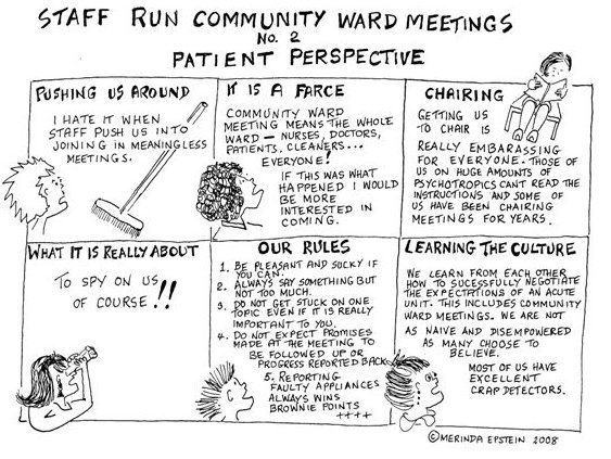 Cartoon - Staff Run Community Ward Meetings No 2, Patient Perspective