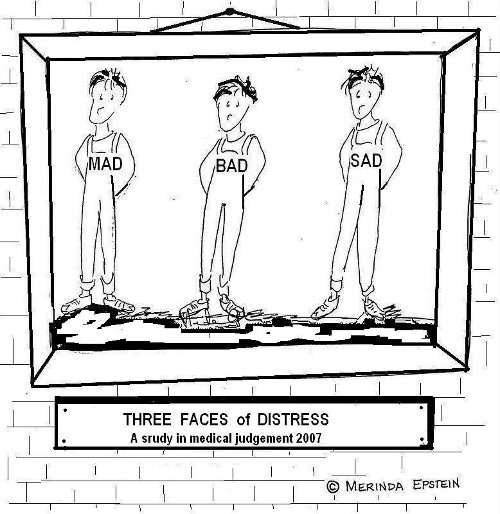 Cartoon - Three Faces of Distress - A study in medical judgement 2007
