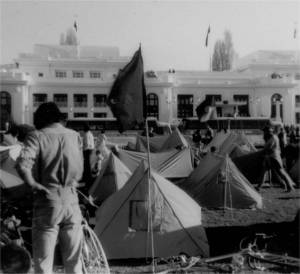 Bicycles and tents on Parliament House lawns