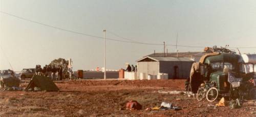 Photo: cyclists camped outside Narrungar base