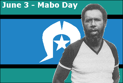 Eddie Mabo, photographed in the late 1970s, superimposed on the Torres Strait Islander Flag